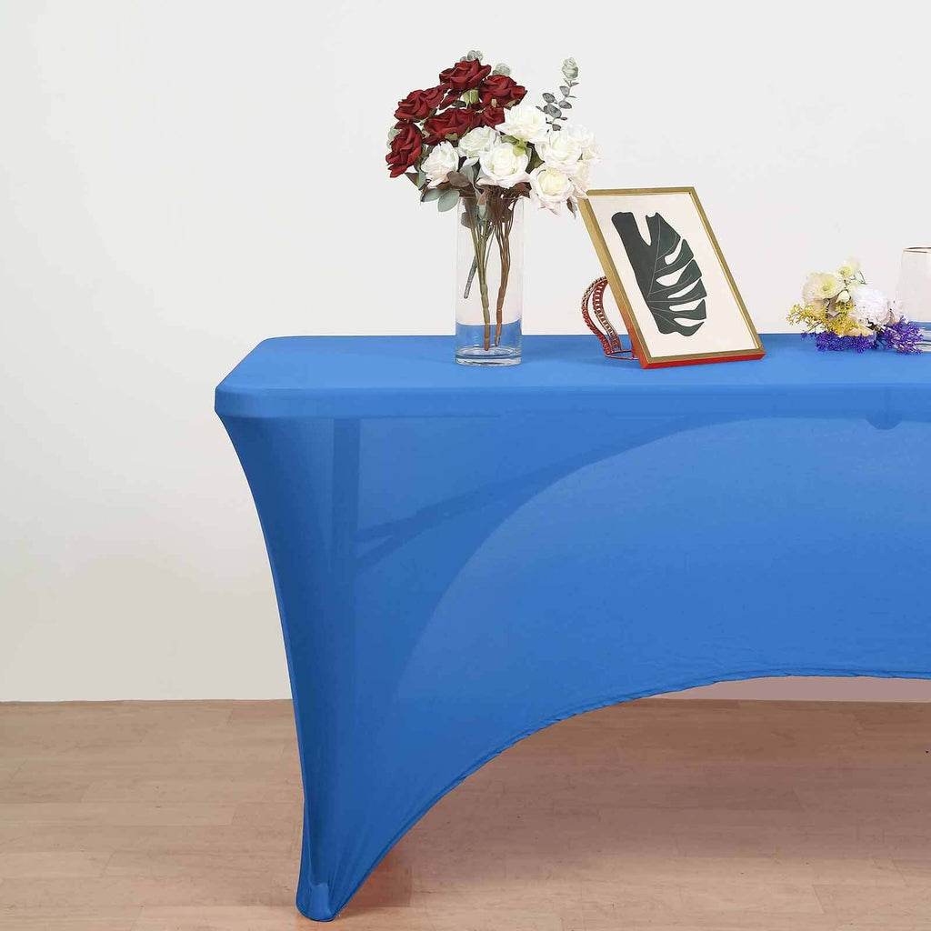 Stretch Spandex 96"x30" Rectangle Table Cover Royal Blue with Curved Open Back Design Tailored Professional Look