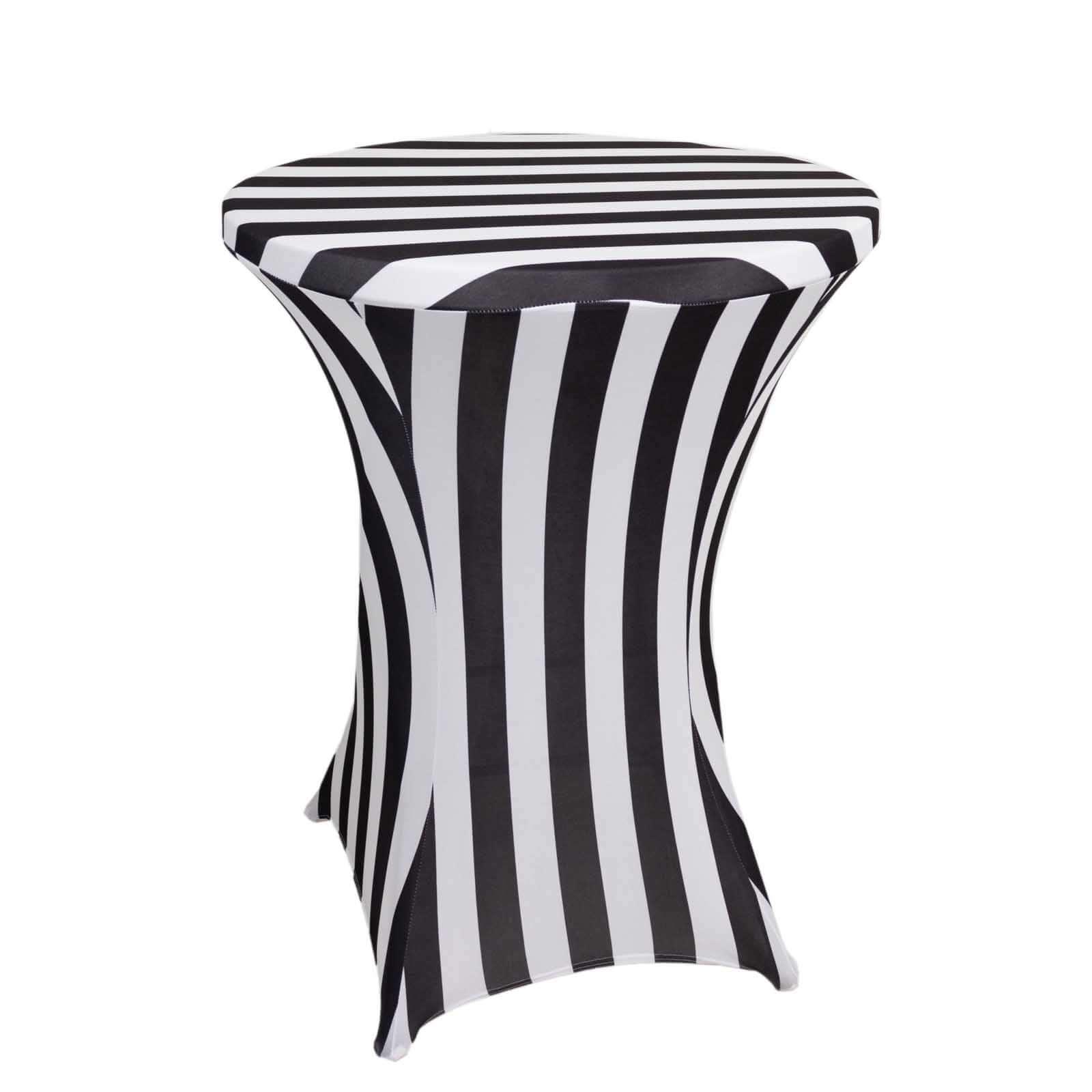 Spandex 30" Fitted Round Cocktail Table Cover Black/White Striped - Easy to Maintain Stretch Tablecloth - Bell Racket Store