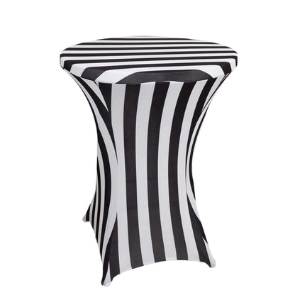 Spandex 30" Fitted Round Cocktail Table Cover Black/White Striped - Easy to Maintain Stretch Tablecloth - Bell Racket Store