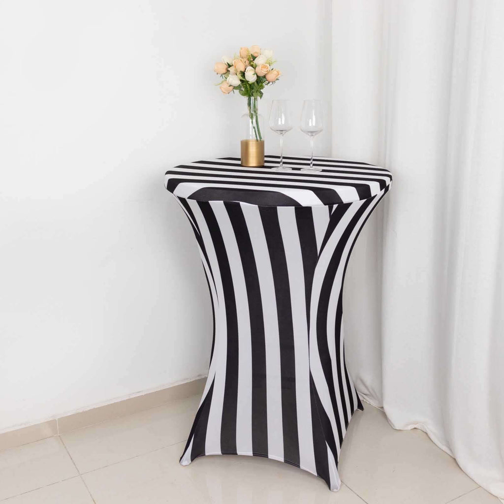 Spandex 30" Fitted Round Cocktail Table Cover Black/White Striped - Easy to Maintain Stretch Tablecloth - Bell Racket Store