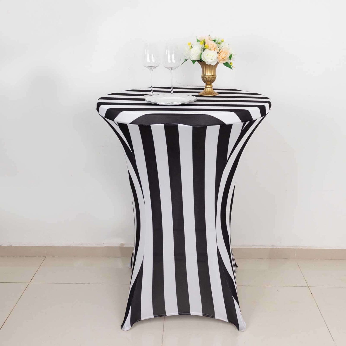 Spandex 30" Fitted Round Cocktail Table Cover Black/White Striped - Easy to Maintain Stretch Tablecloth - Bell Racket Store