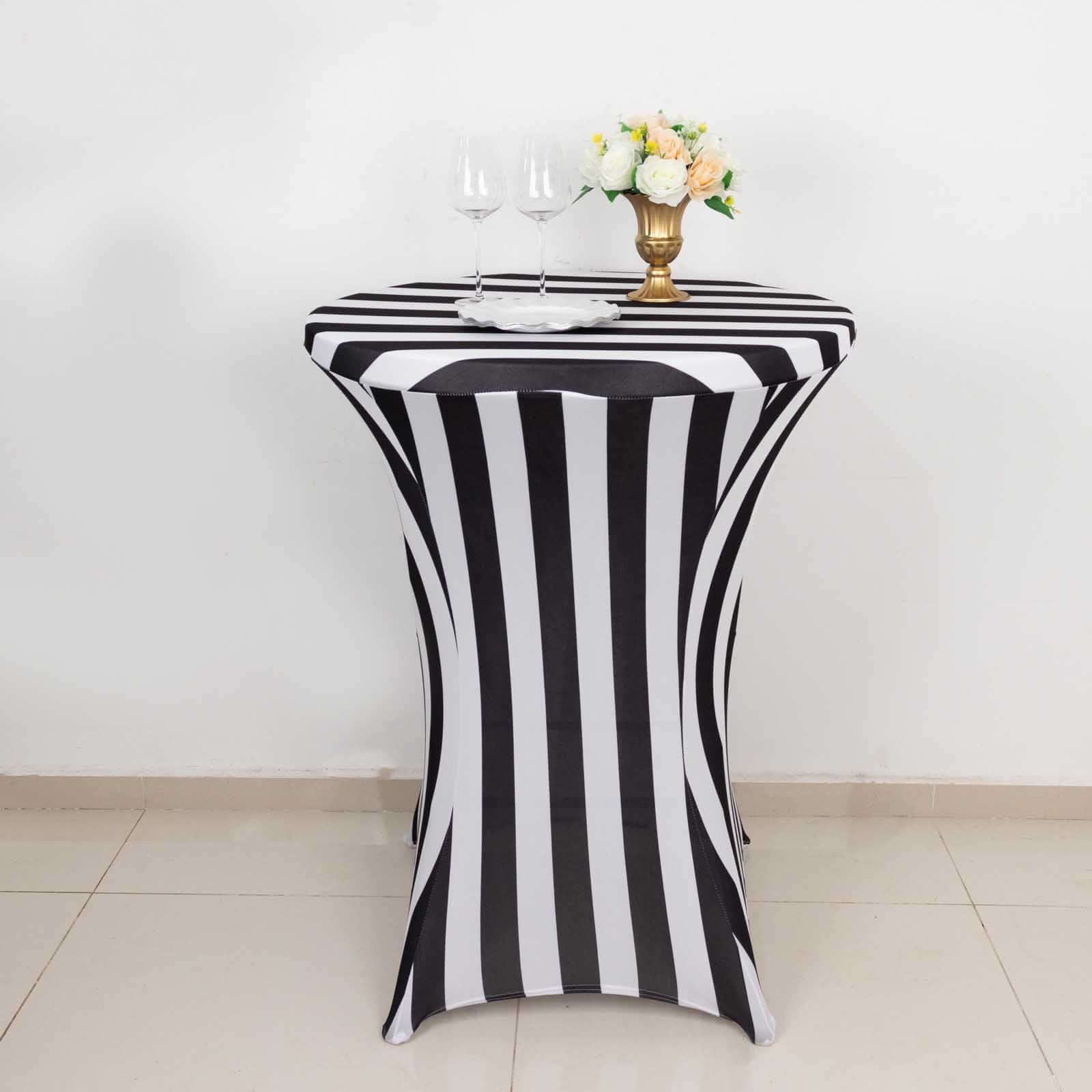 Spandex 30" Fitted Round Cocktail Table Cover Black/White Striped - Easy to Maintain Stretch Tablecloth - Bell Racket Store