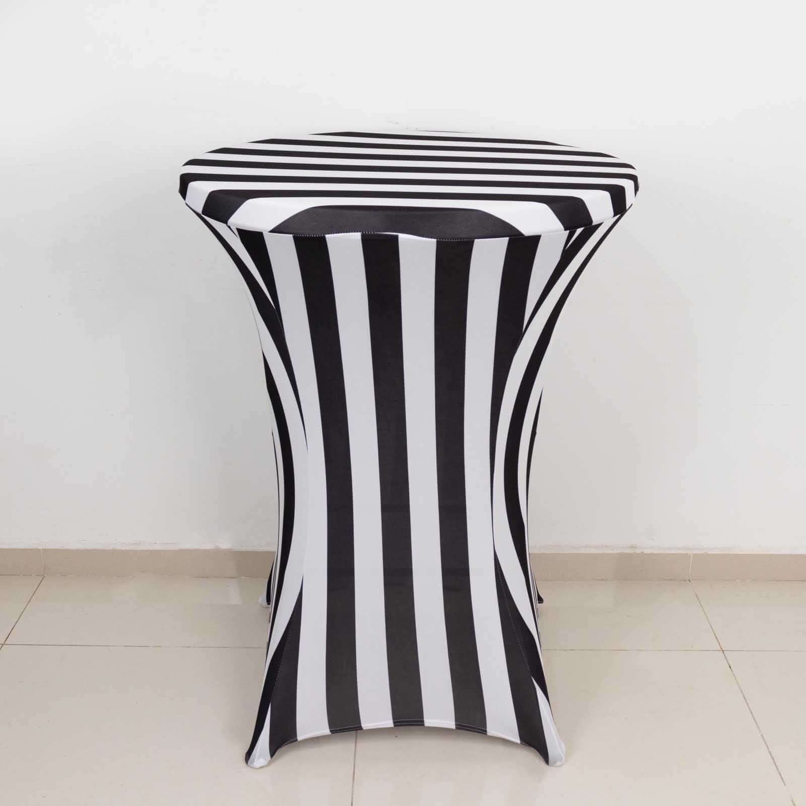 Spandex 30" Fitted Round Cocktail Table Cover Black/White Striped - Easy to Maintain Stretch Tablecloth - Bell Racket Store