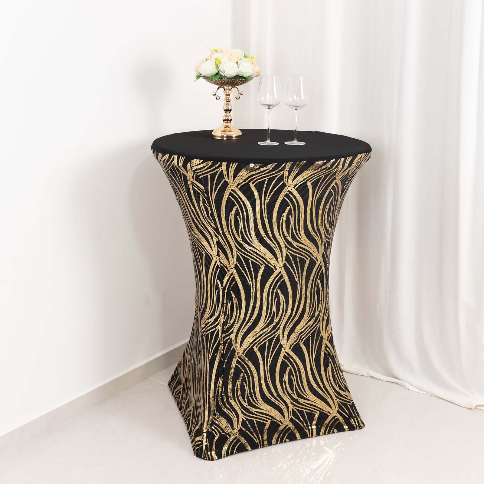 Spandex 30" Round Cocktail Table Cover Black/Gold with Wave Embroidered Sequins - Glamorous Design for Upscale Events - Bell Racket Store