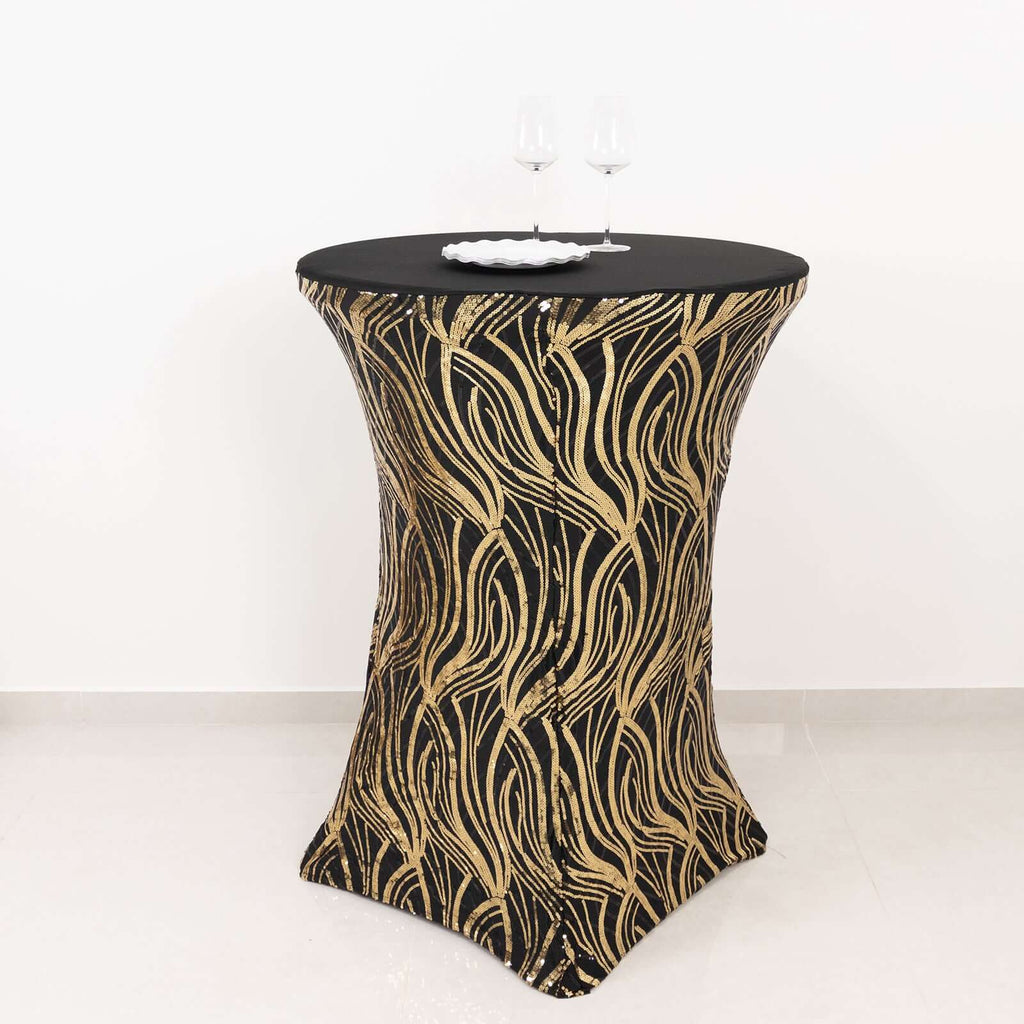 Spandex 30" Round Cocktail Table Cover Black/Gold with Wave Embroidered Sequins - Glamorous Design for Upscale Events - Bell Racket Store