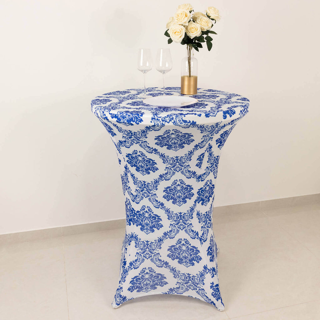Spandex 30" Round Cocktail Table Cover Royal Blue Damask Highboy Tables - Easy to Maintain Stretch Fitted Tablecloth - Bell Racket Store