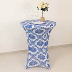 Spandex 30" Round Cocktail Table Cover Royal Blue Damask Highboy Tables - Easy to Maintain Stretch Fitted Tablecloth - Bell Racket Store