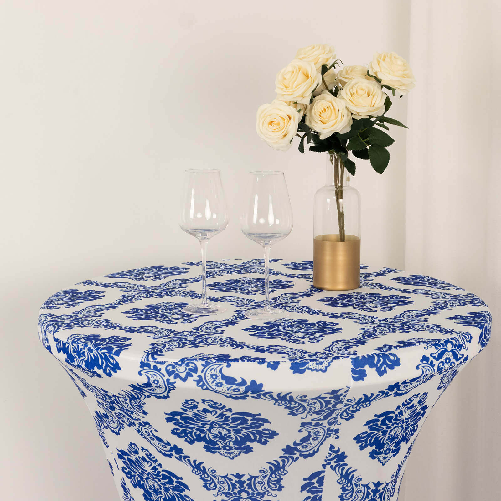 Spandex 30" Round Cocktail Table Cover Royal Blue Damask Highboy Tables - Easy to Maintain Stretch Fitted Tablecloth - Bell Racket Store