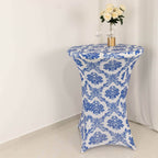 Spandex 30" Round Cocktail Table Cover Royal Blue Damask Highboy Tables - Easy to Maintain Stretch Fitted Tablecloth - Bell Racket Store
