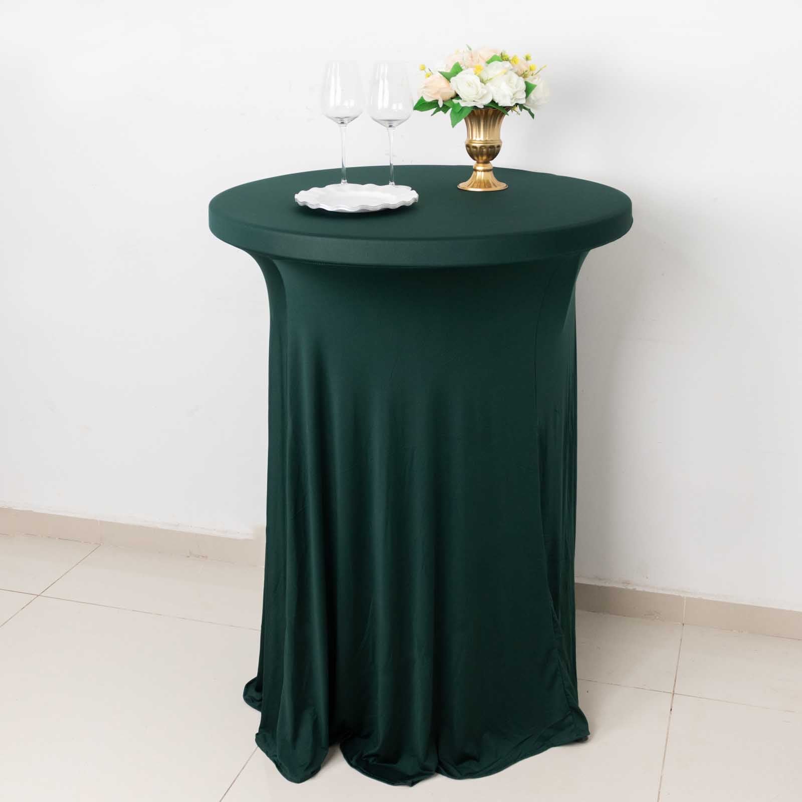 Spandex 30" Round Cocktail Table Cover Skirt Hunter Emerald Green With Natural Wavy Drapes - Bell Racket Store