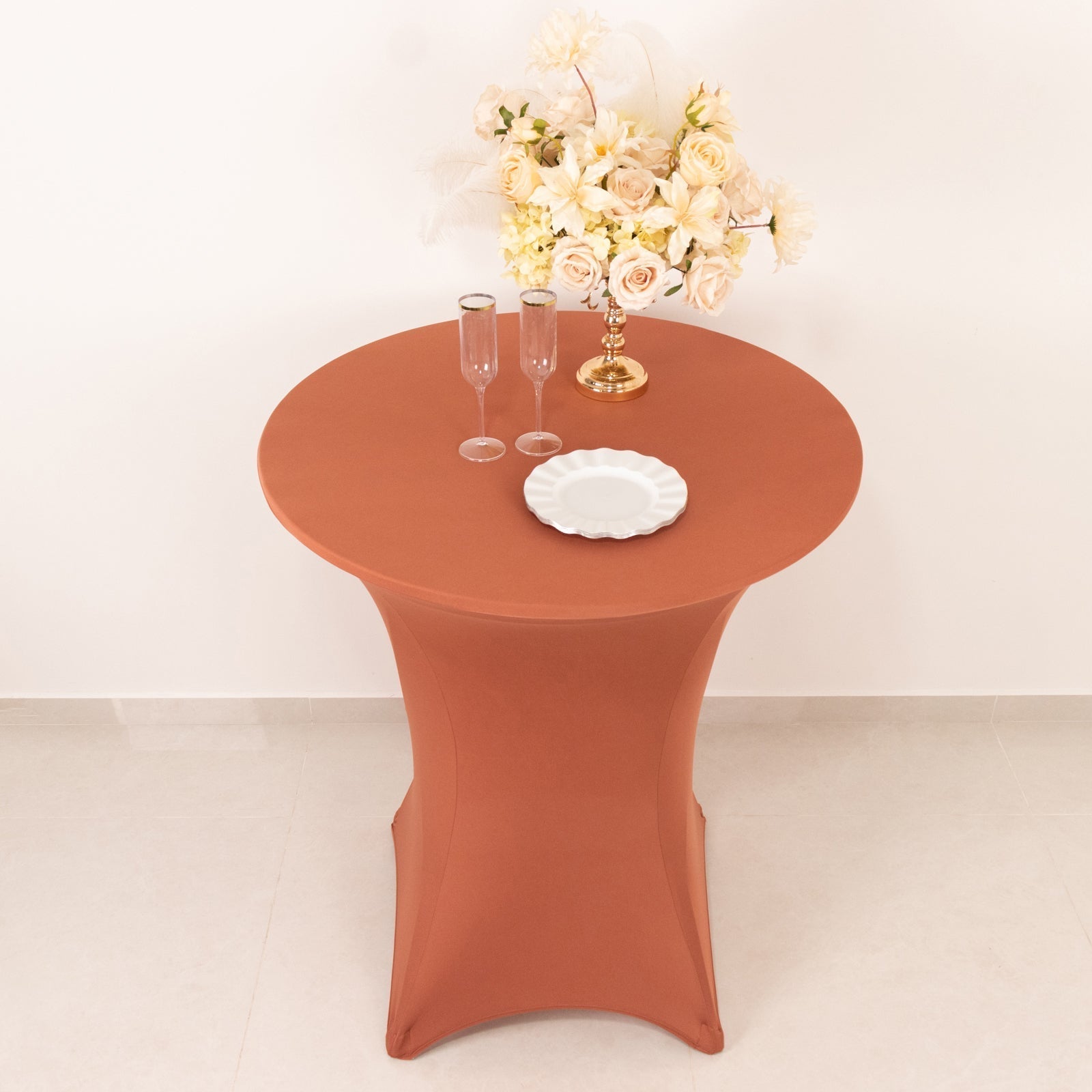 Spandex 36" Round Cocktail Table Cover Terracotta (Rust) - Easy to Maintain Stretch Fitted Highboy Tablecloth - Bell Racket Store