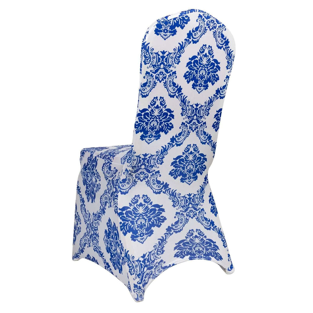 Spandex Banquet Chair Cover Fitted Cover in Royal Blue - Stretch 160gsm Fabric with Foot Pockets & Damask Pattern - Bell Racket Store