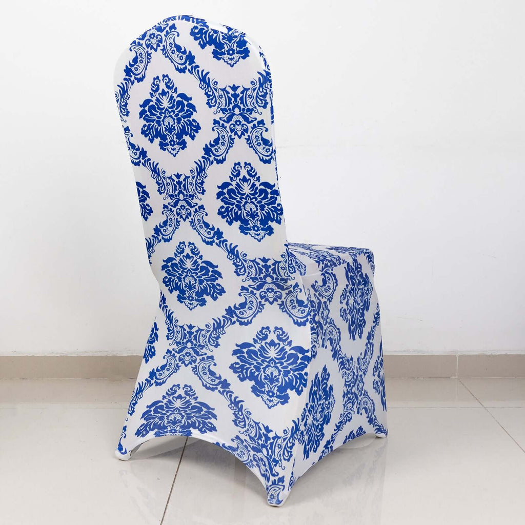 Spandex Banquet Chair Cover Fitted Cover in Royal Blue - Stretch 160gsm Fabric with Foot Pockets & Damask Pattern - Bell Racket Store