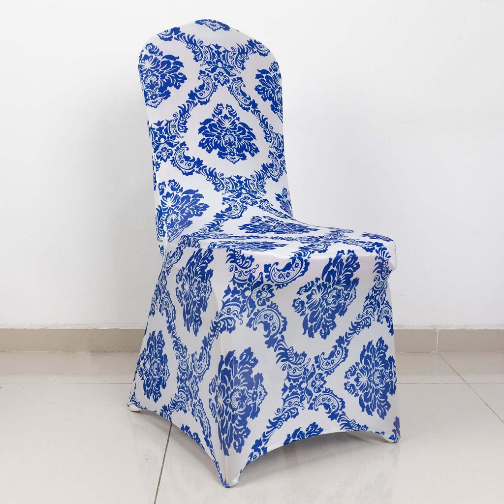 Spandex Banquet Chair Cover Fitted Cover in Royal Blue - Stretch 160gsm Fabric with Foot Pockets & Damask Pattern - Bell Racket Store
