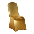 Spandex Banquet Chair Cover Metallic Gold Tinsel with Sash and Rhinestone Buckle - Luxe Shimmering Fitted Slipcover for Events - Bell Racket Store