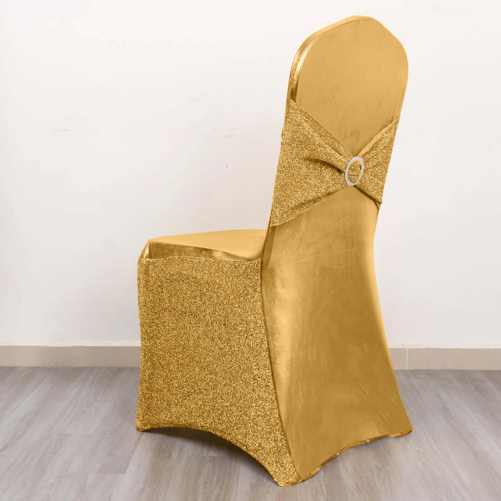Spandex Banquet Chair Cover Metallic Gold Tinsel with Sash and Rhinestone Buckle - Luxe Shimmering Fitted Slipcover for Events - Bell Racket Store