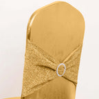 Spandex Banquet Chair Cover Metallic Gold Tinsel with Sash and Rhinestone Buckle - Luxe Shimmering Fitted Slipcover for Events - Bell Racket Store
