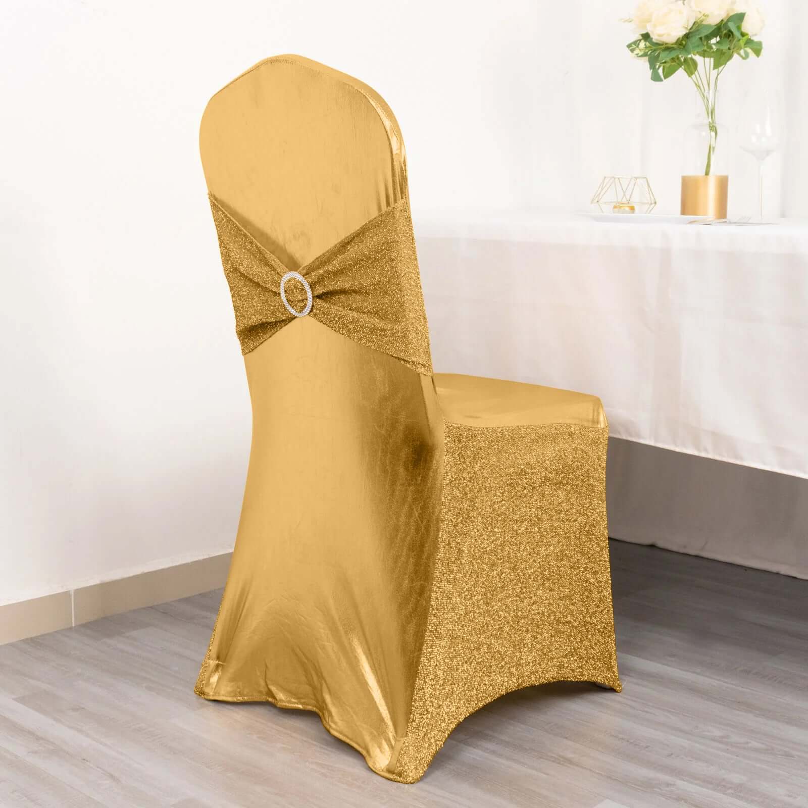 Spandex Banquet Chair Cover Metallic Gold Tinsel with Sash and Rhinestone Buckle - Luxe Shimmering Fitted Slipcover for Events - Bell Racket Store