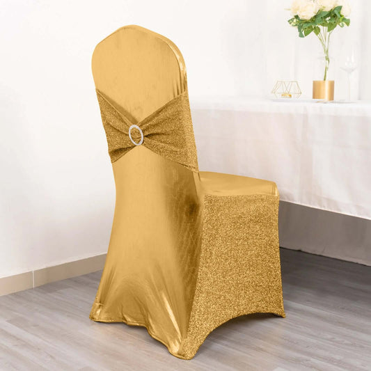 Spandex Banquet Chair Cover Metallic Gold Tinsel with Sash and Rhinestone Buckle - Luxe Shimmering Fitted Slipcover for Events - Bell Racket Store