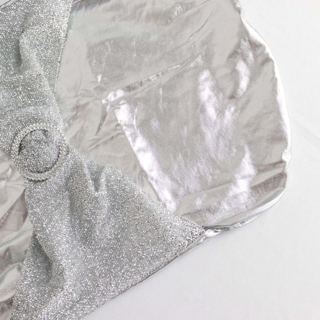 Spandex Banquet Chair Cover Metallic Silver Tinsel with Sash and Rhinestone Buckle - Shimmering Fitted Slipcover - Bell Racket Store