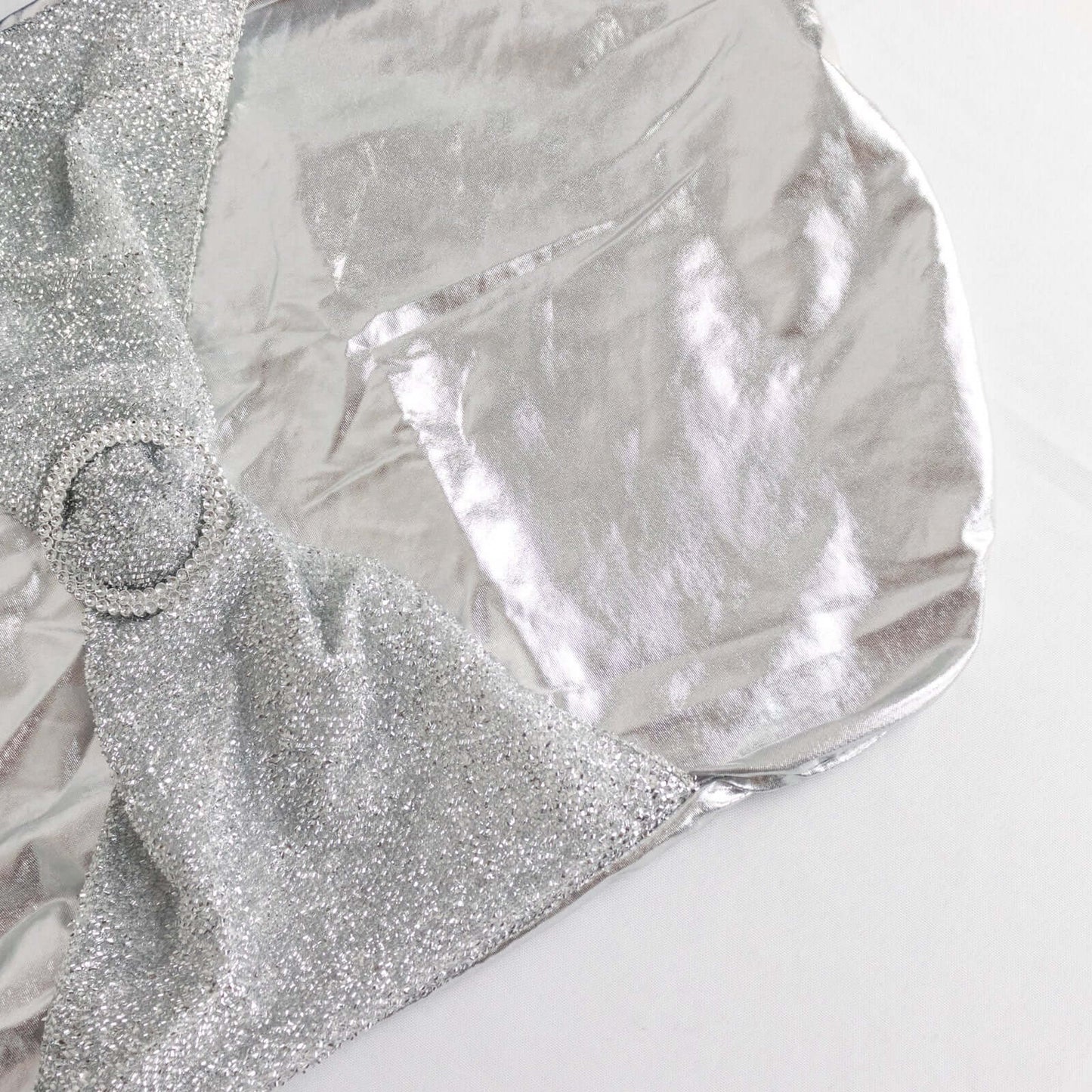 Spandex Banquet Chair Cover Metallic Silver Tinsel with Sash and Rhinestone Buckle - Shimmering Fitted Slipcover - Bell Racket Store