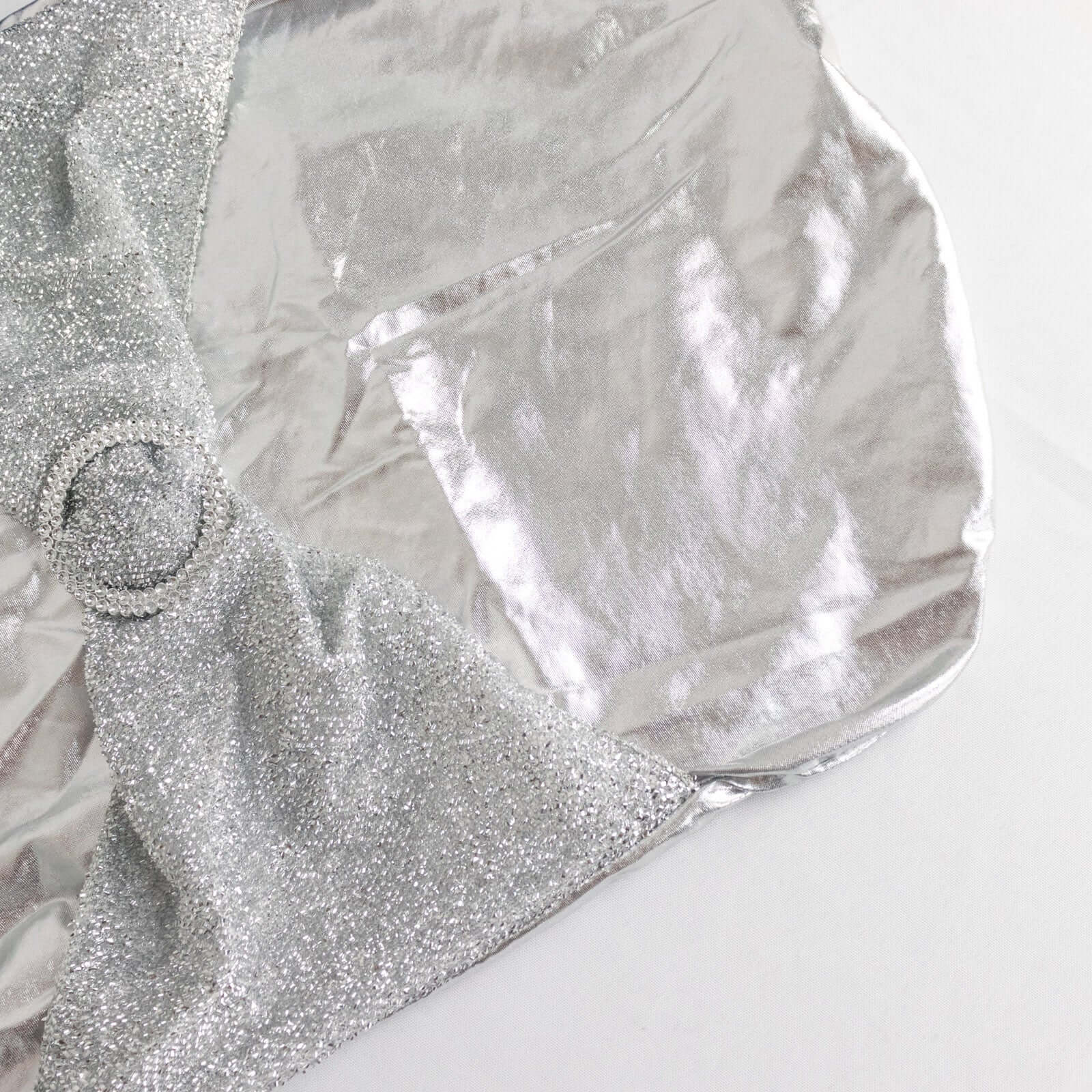 Spandex Banquet Chair Cover Metallic Silver Tinsel with Sash and Rhinestone Buckle - Shimmering Fitted Slipcover - Bell Racket Store