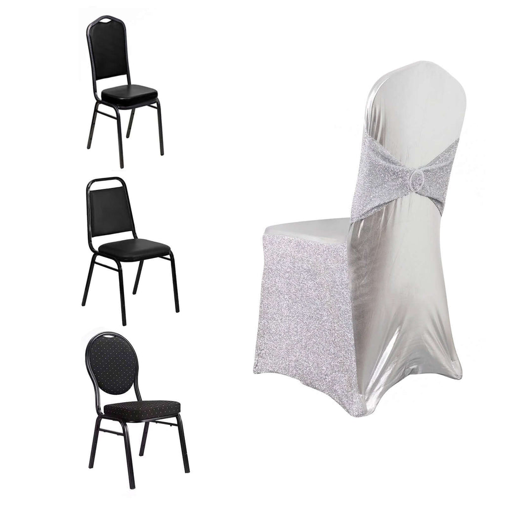 Spandex Banquet Chair Cover Metallic Silver Tinsel with Sash and Rhinestone Buckle - Shimmering Fitted Slipcover - Bell Racket Store