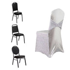 Spandex Banquet Chair Cover Metallic Silver Tinsel with Sash and Rhinestone Buckle - Shimmering Fitted Slipcover - Bell Racket Store