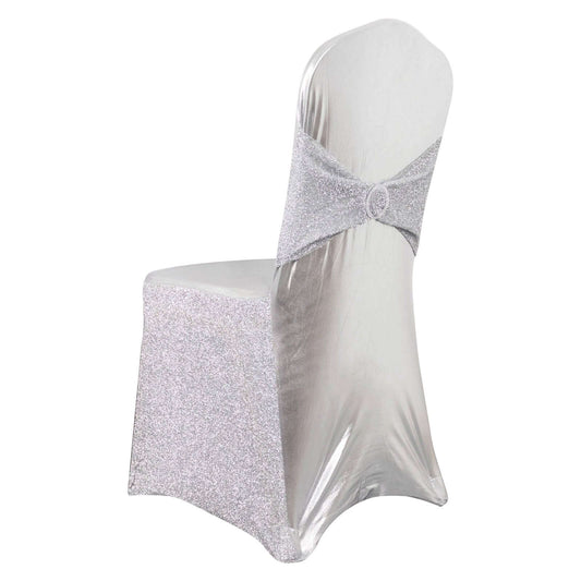 Spandex Banquet Chair Cover Metallic Silver Tinsel with Sash and Rhinestone Buckle - Shimmering Fitted Slipcover - Bell Racket Store
