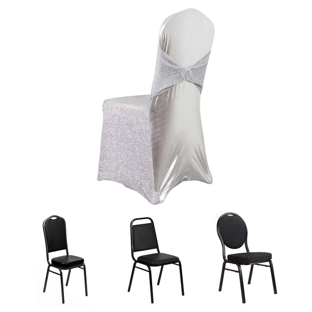 Spandex Banquet Chair Cover Metallic Silver Tinsel with Sash and Rhinestone Buckle - Shimmering Fitted Slipcover - Bell Racket Store