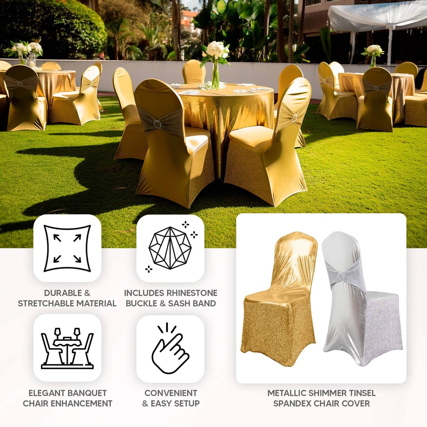 Spandex Banquet Chair Cover Metallic Silver Tinsel with Sash and Rhinestone Buckle - Shimmering Fitted Slipcover - Bell Racket Store