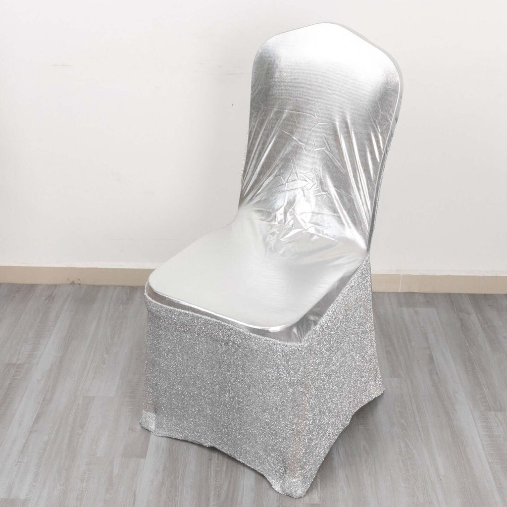 Spandex Banquet Chair Cover Metallic Silver Tinsel with Sash and Rhinestone Buckle - Shimmering Fitted Slipcover - Bell Racket Store
