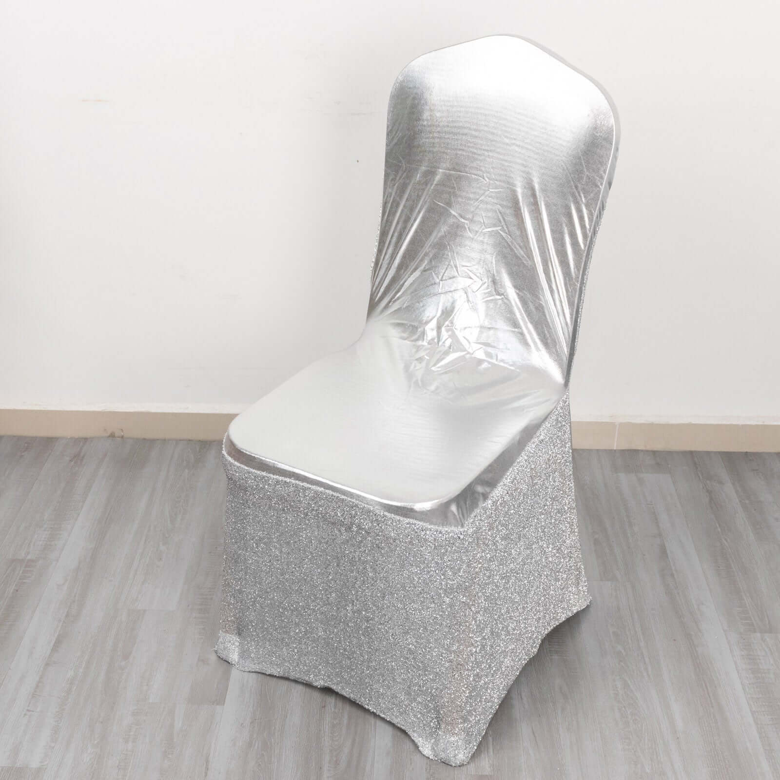 Spandex Banquet Chair Cover Metallic Silver Tinsel with Sash and Rhinestone Buckle - Shimmering Fitted Slipcover - Bell Racket Store