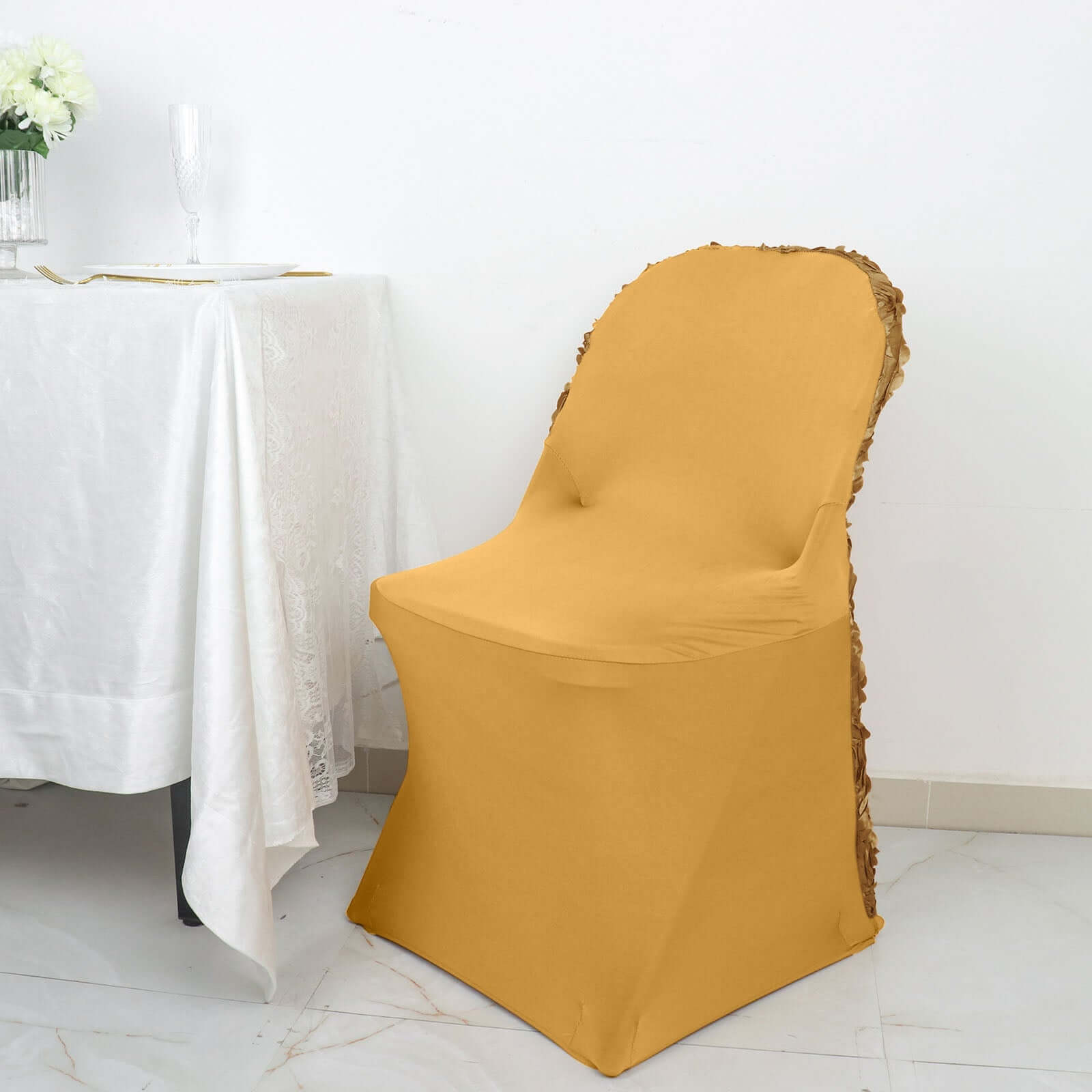 Spandex Chair Cover Gold for Folding Chairs - Durable Stretch Fitted Slipcover with Satin Rosette Design - Bell Racket Store