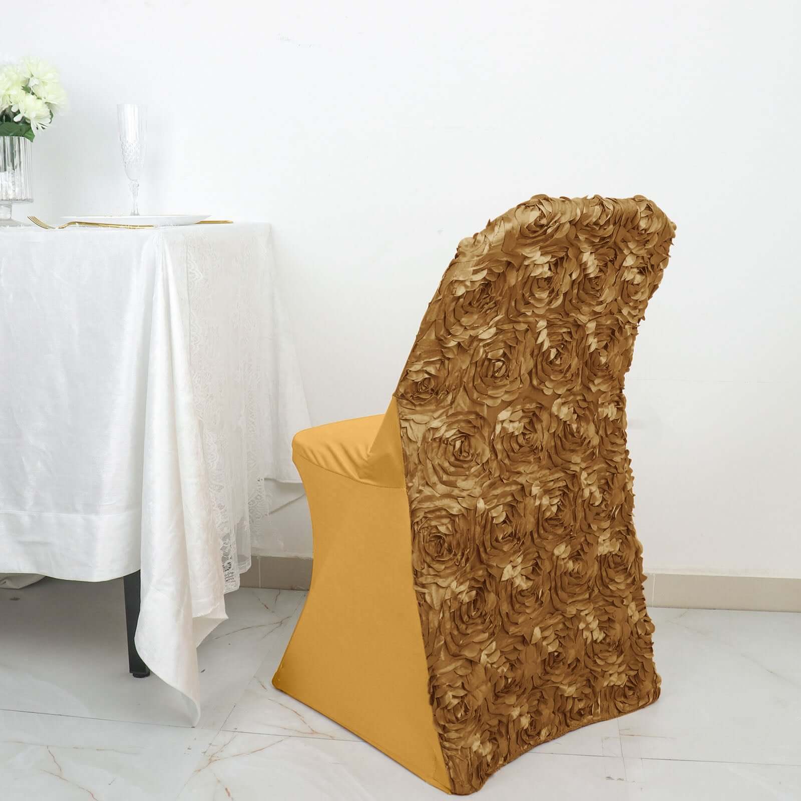 Spandex Chair Cover Gold for Folding Chairs - Durable Stretch Fitted Slipcover with Satin Rosette Design - Bell Racket Store