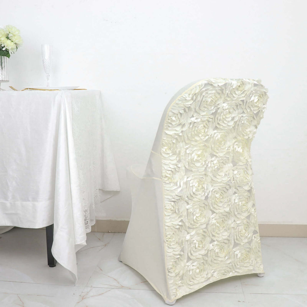 Spandex Chair Cover Ivory for Folding Chairs - Durable Stretch Fitted Slipcover with Satin Rosette Design - Bell Racket Store