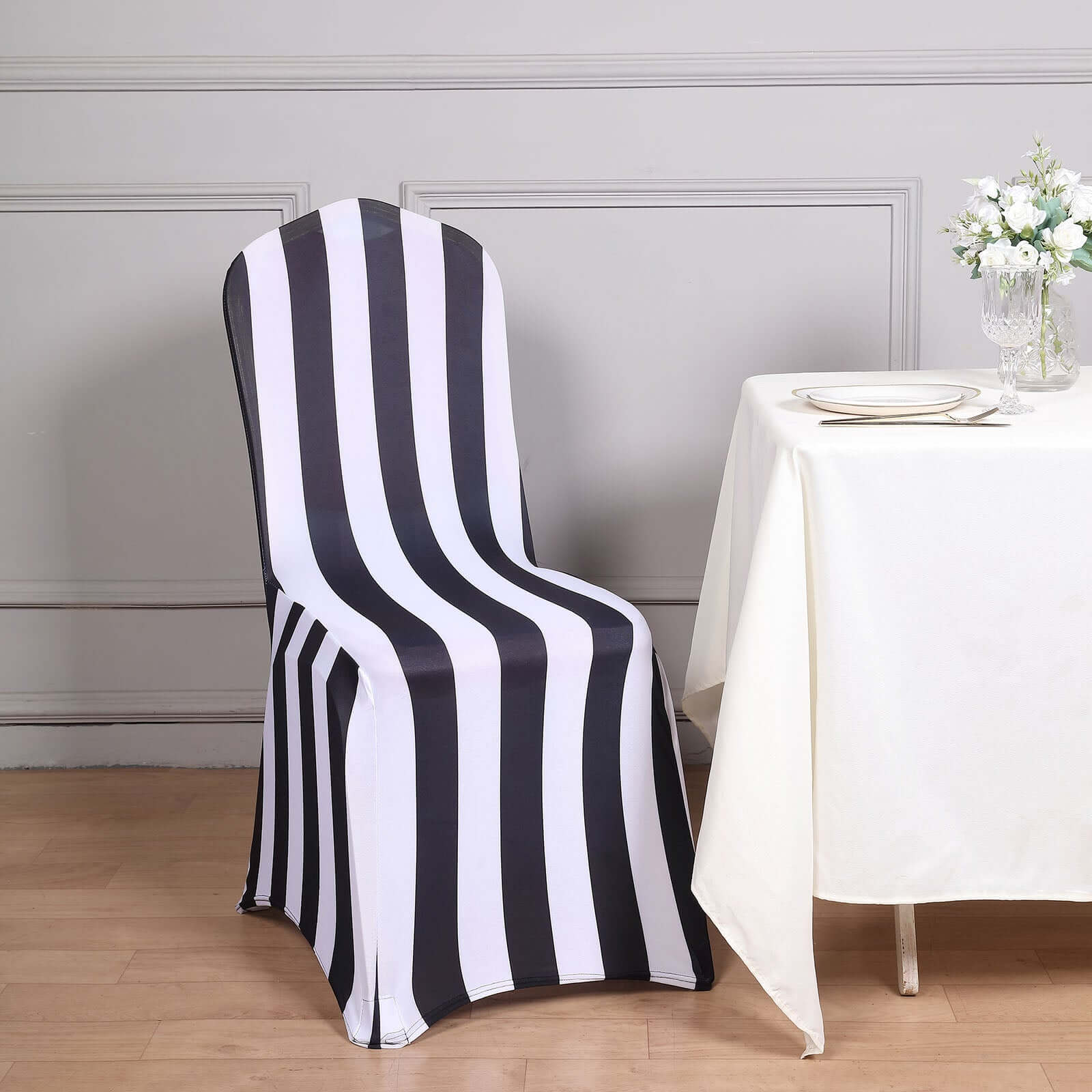 Spandex Chair Cover with Foot Pockets for Banquet Chairs Black/White 2" Stripes - Durable 160GSM Fitted Slipcover for Weddings & Gatherings - Bell Racket Store