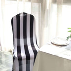 Spandex Chair Cover with Foot Pockets for Banquet Chairs Black/White 2" Stripes - Durable 160GSM Fitted Slipcover for Weddings & Gatherings - Bell Racket Store