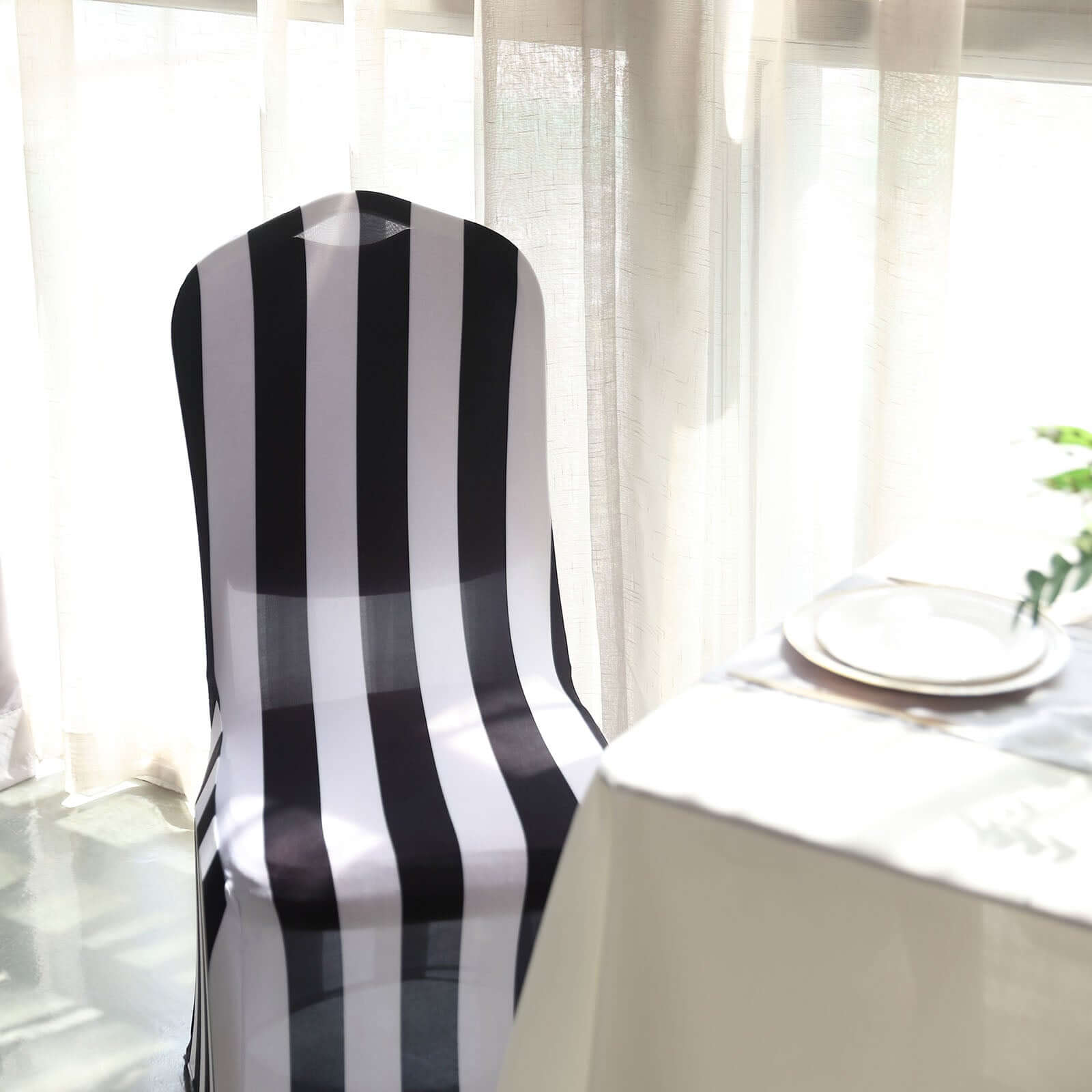 Spandex Chair Cover with Foot Pockets for Banquet Chairs Black/White 2" Stripes - Durable 160GSM Fitted Slipcover for Weddings & Gatherings - Bell Racket Store