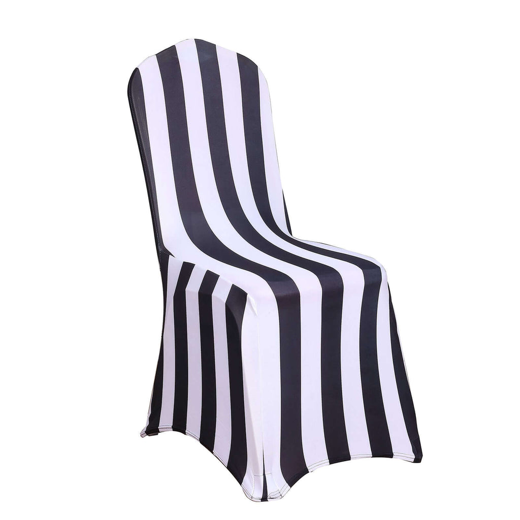 Spandex Chair Cover with Foot Pockets for Banquet Chairs Black/White 2" Stripes - Durable 160GSM Fitted Slipcover for Weddings & Gatherings - Bell Racket Store