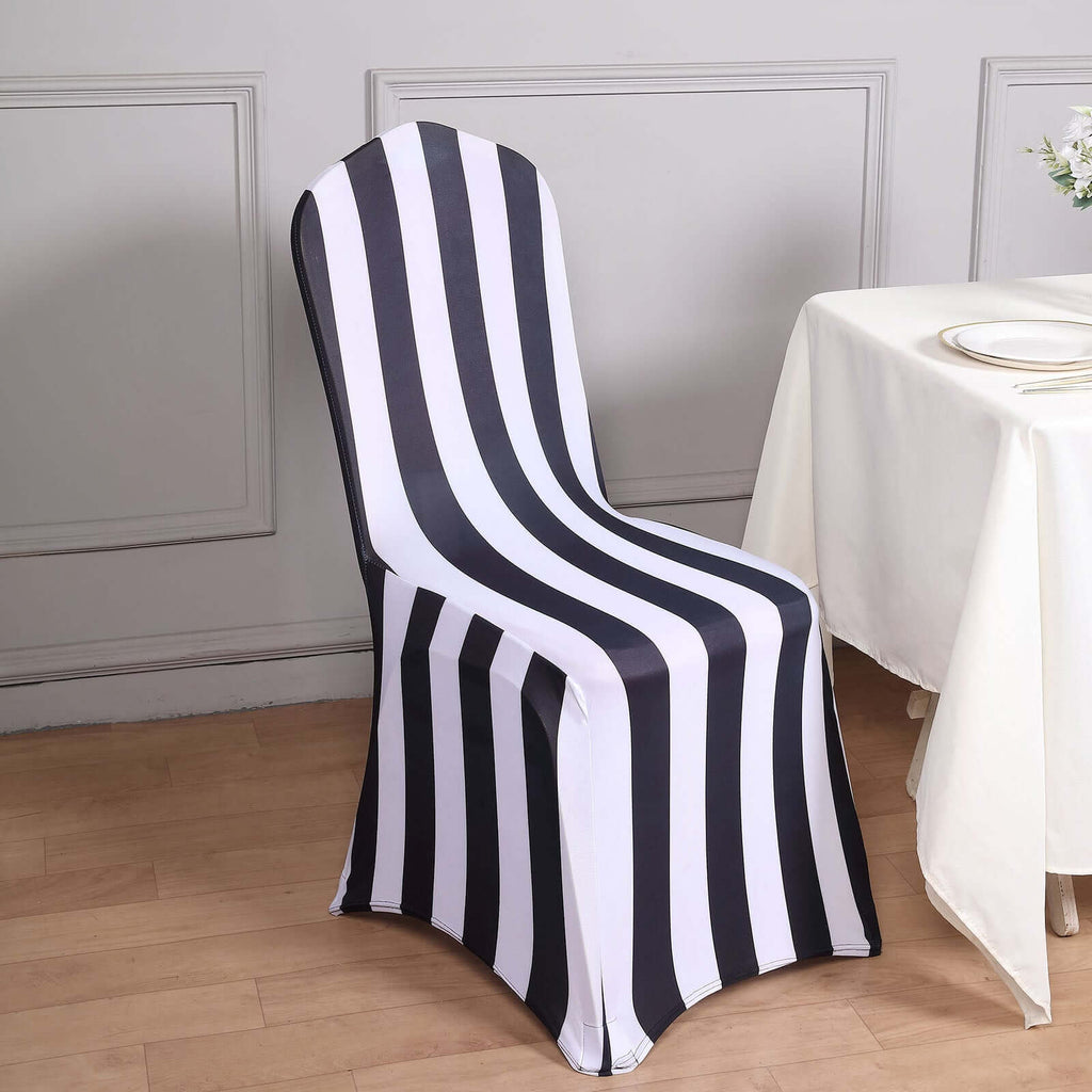 Spandex Chair Cover with Foot Pockets for Banquet Chairs Black/White 2" Stripes - Durable 160GSM Fitted Slipcover for Weddings & Gatherings - Bell Racket Store