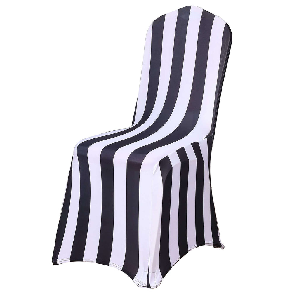 Spandex Chair Cover with Foot Pockets for Banquet Chairs Black/White 2" Stripes - Durable 160GSM Fitted Slipcover for Weddings & Gatherings - Bell Racket Store