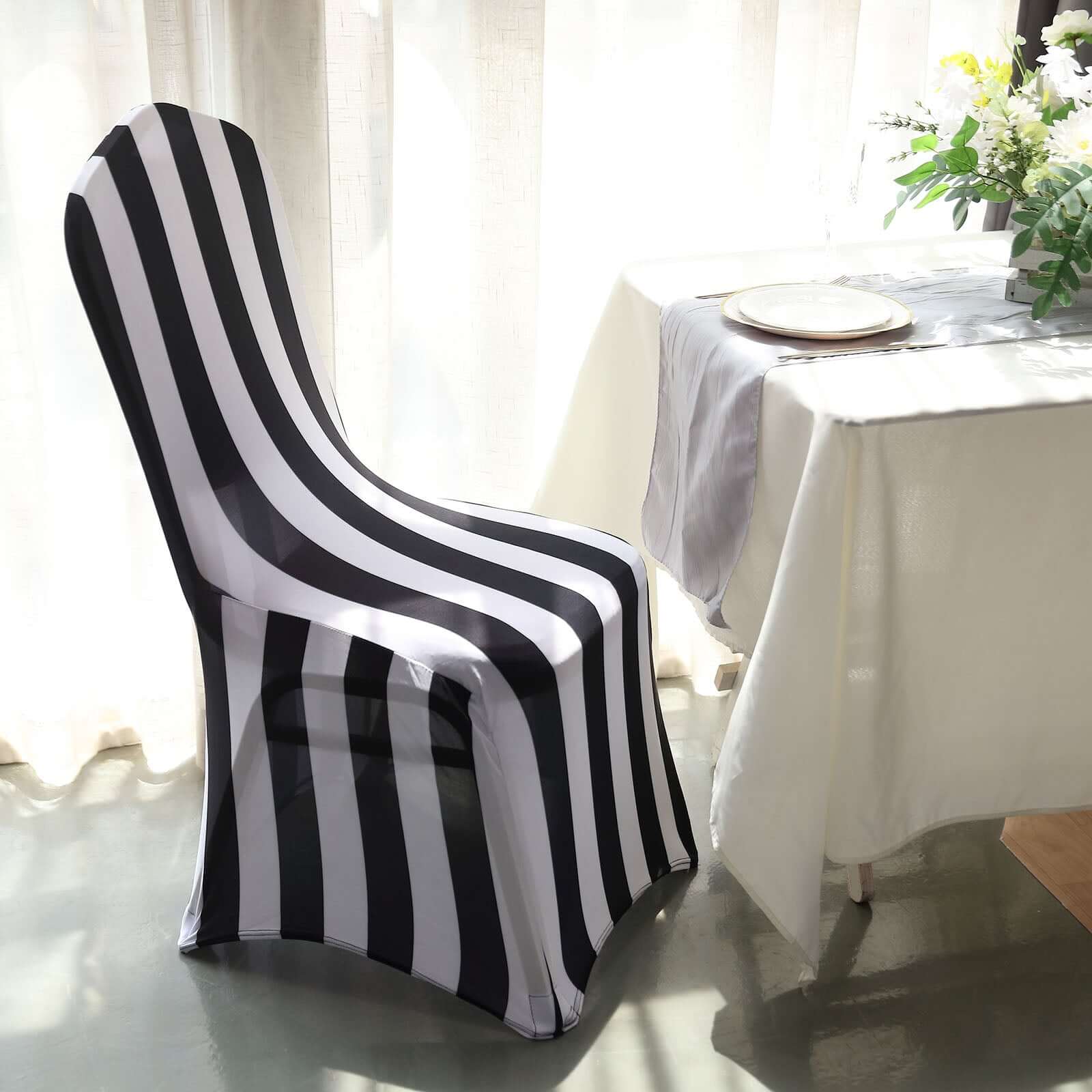 Spandex Chair Cover with Foot Pockets for Banquet Chairs Black/White 2" Stripes - Durable 160GSM Fitted Slipcover for Weddings & Gatherings - Bell Racket Store
