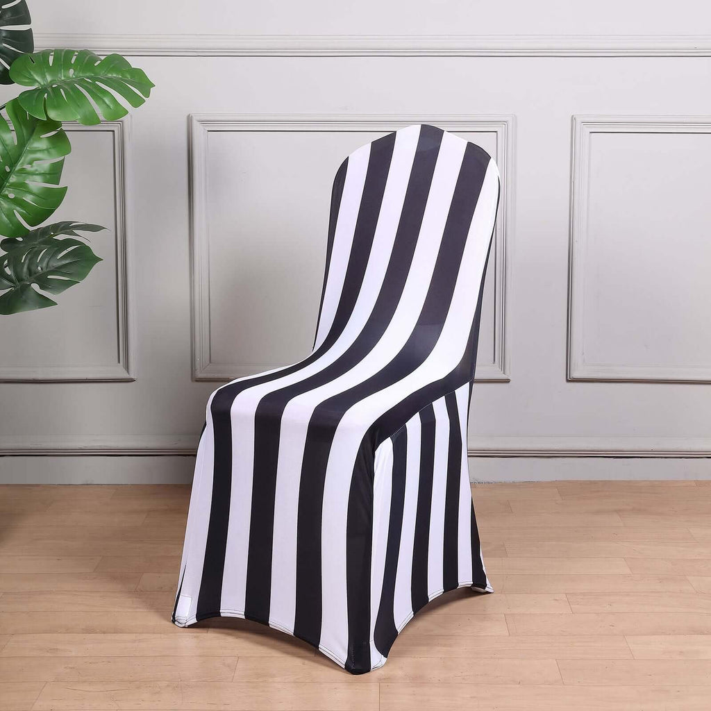 Spandex Chair Cover with Foot Pockets for Banquet Chairs Black/White 2" Stripes - Durable 160GSM Fitted Slipcover for Weddings & Gatherings - Bell Racket Store