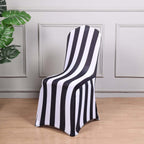 Spandex Chair Cover with Foot Pockets for Banquet Chairs Black/White 2" Stripes - Durable 160GSM Fitted Slipcover for Weddings & Gatherings - Bell Racket Store