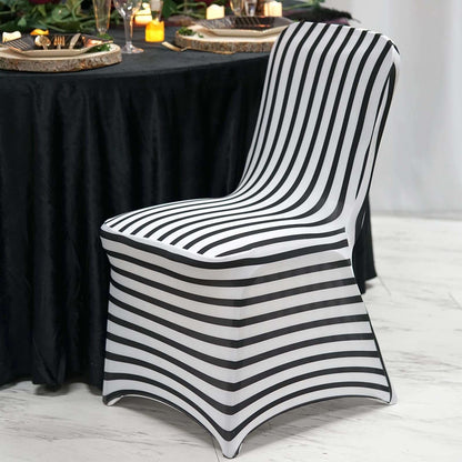 Spandex Chair Cover with Foot Pockets for Banquet Chairs Black/White Striped - Durable Stretch Fitted Slipcover for Weddings & Gatherings - NestOCart