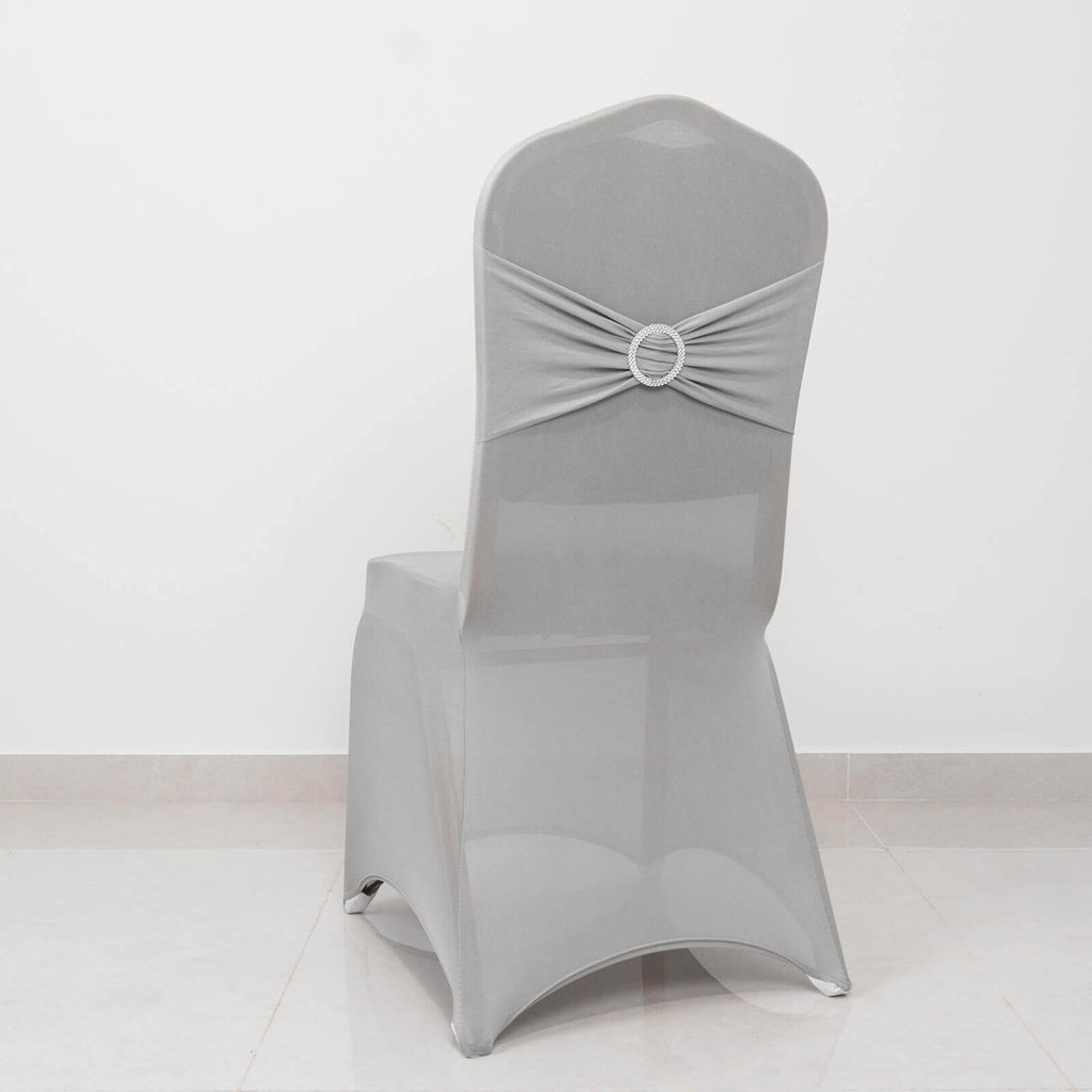 Spandex Chair Cover with Rhinestone Buckled Sash Band Silver - Stretch Fitted Slipcover - Bell Racket Store