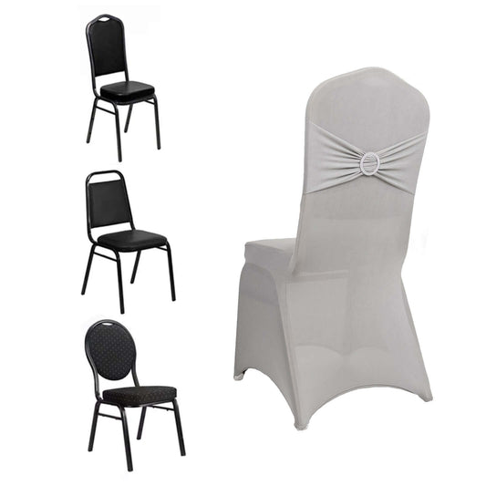 Spandex Chair Cover with Rhinestone Buckled Sash Band Silver - Stretch Fitted Slipcover - Bell Racket Store