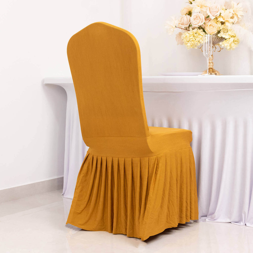 Spandex Chair Cover with Ruffle Pleated Skirt for Banquet Chairs Gold - 1 - Piece Stretch Fitted Slipcover - Bell Racket Store