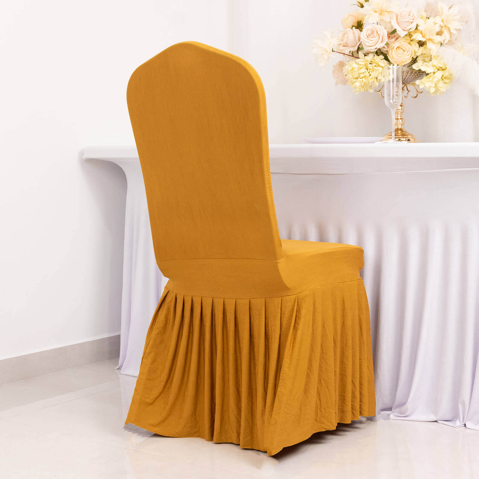 Spandex Chair Cover with Ruffle Pleated Skirt for Banquet Chairs Gold - 1 - Piece Stretch Fitted Slipcover - Bell Racket Store